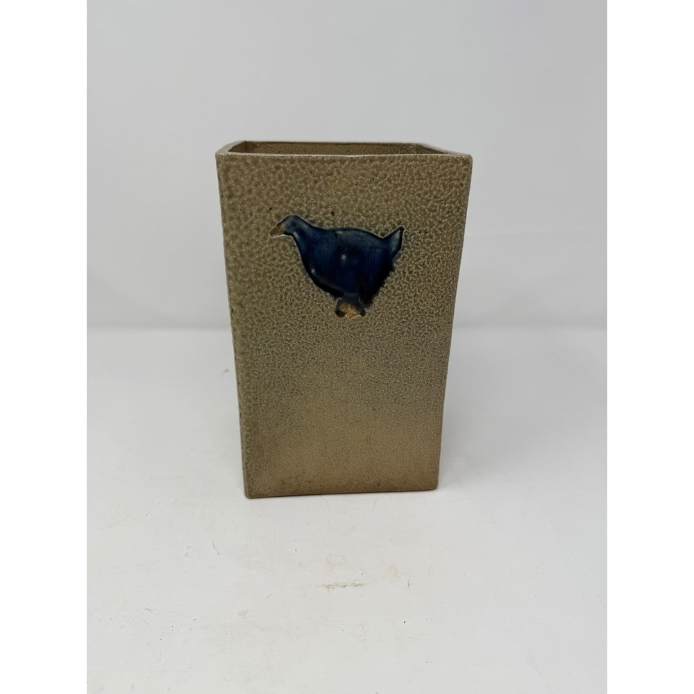 Rustic Ceramic Vase Pot Embossed Bird Design‎ Tan Blue